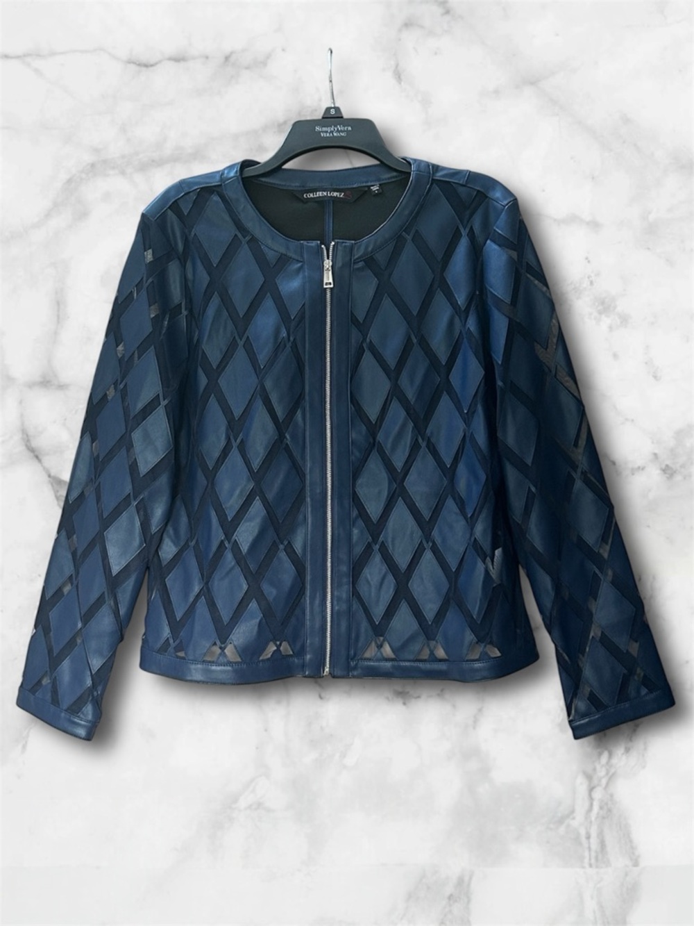 Colleen Lopez Navy Blue Faux Leather & Mesh Diamond Cutout Jacket Size L - Picture 2 of 10